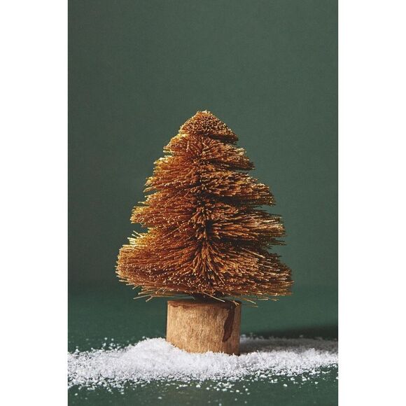 ANTHROPOLOGIE Sisal Bottle Brush Tree Frosted Glitter Gold Short NEW - Picture 1 of 5
